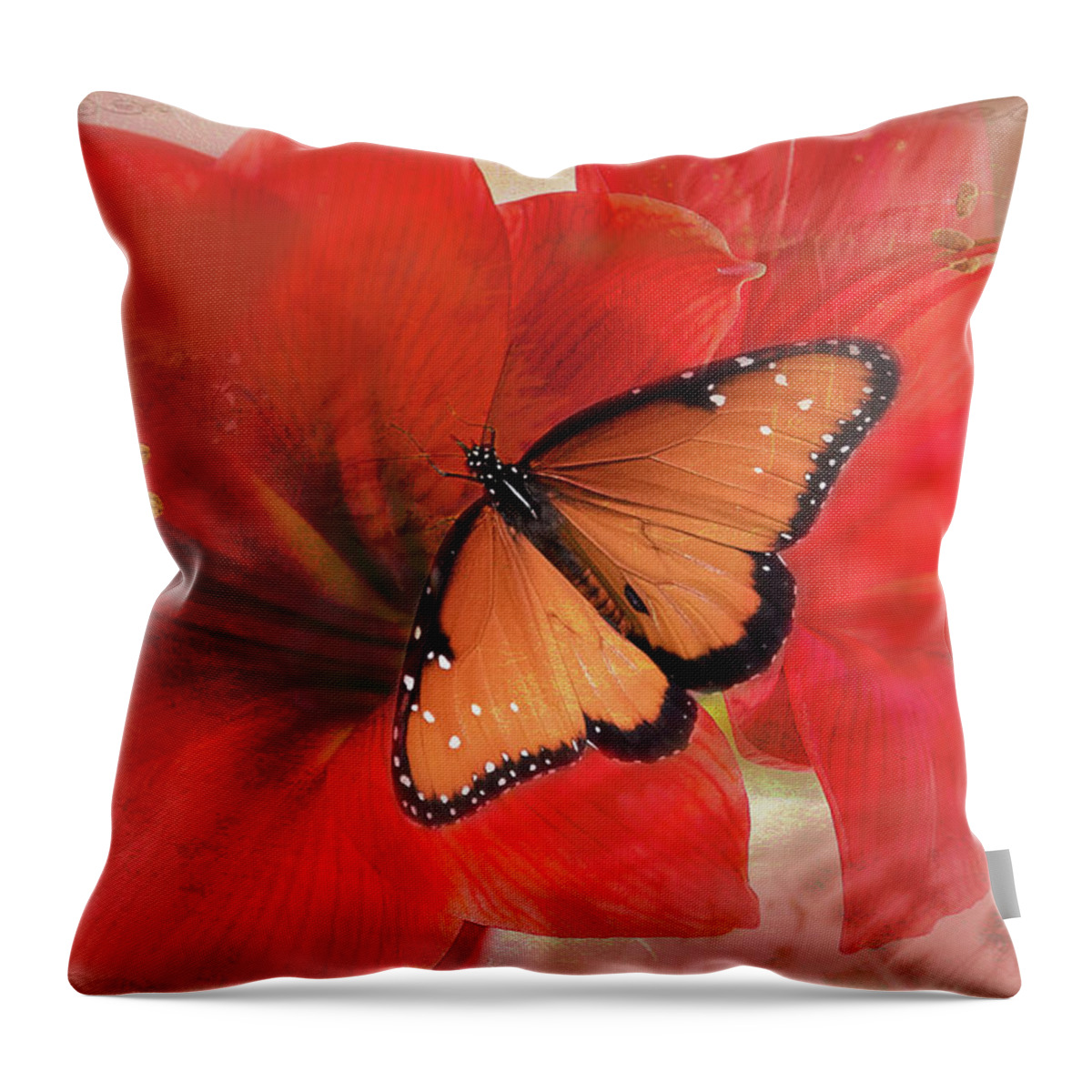 Queen Butterfly Throw Pillow featuring the photograph Queen Butterfly Amaryllis by Vicki Stansbury