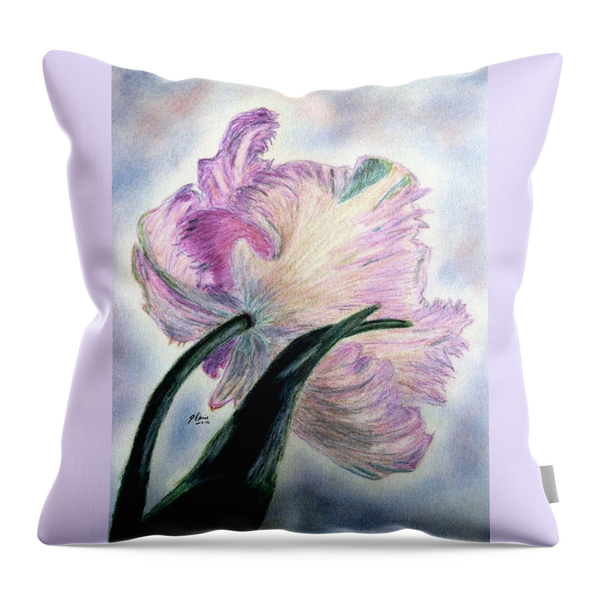 Mauve Parrot Tulips Throw Pillow featuring the drawing Queen Of Spring by Angela Davies