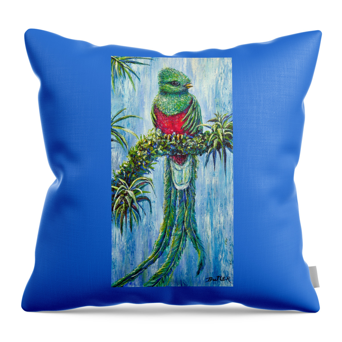 Nature Bird Quetzal Rainforest Throw Pillow featuring the painting Quetzal by Gail Butler