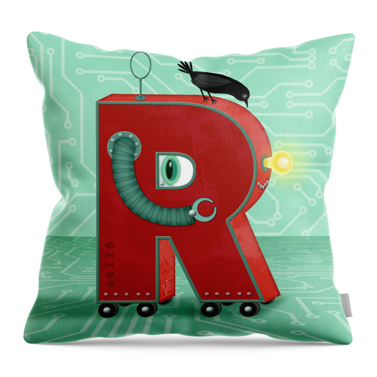 R Is For Robot Throw Pillow featuring the digital art R is for Robot by Valerie Drake Lesiak