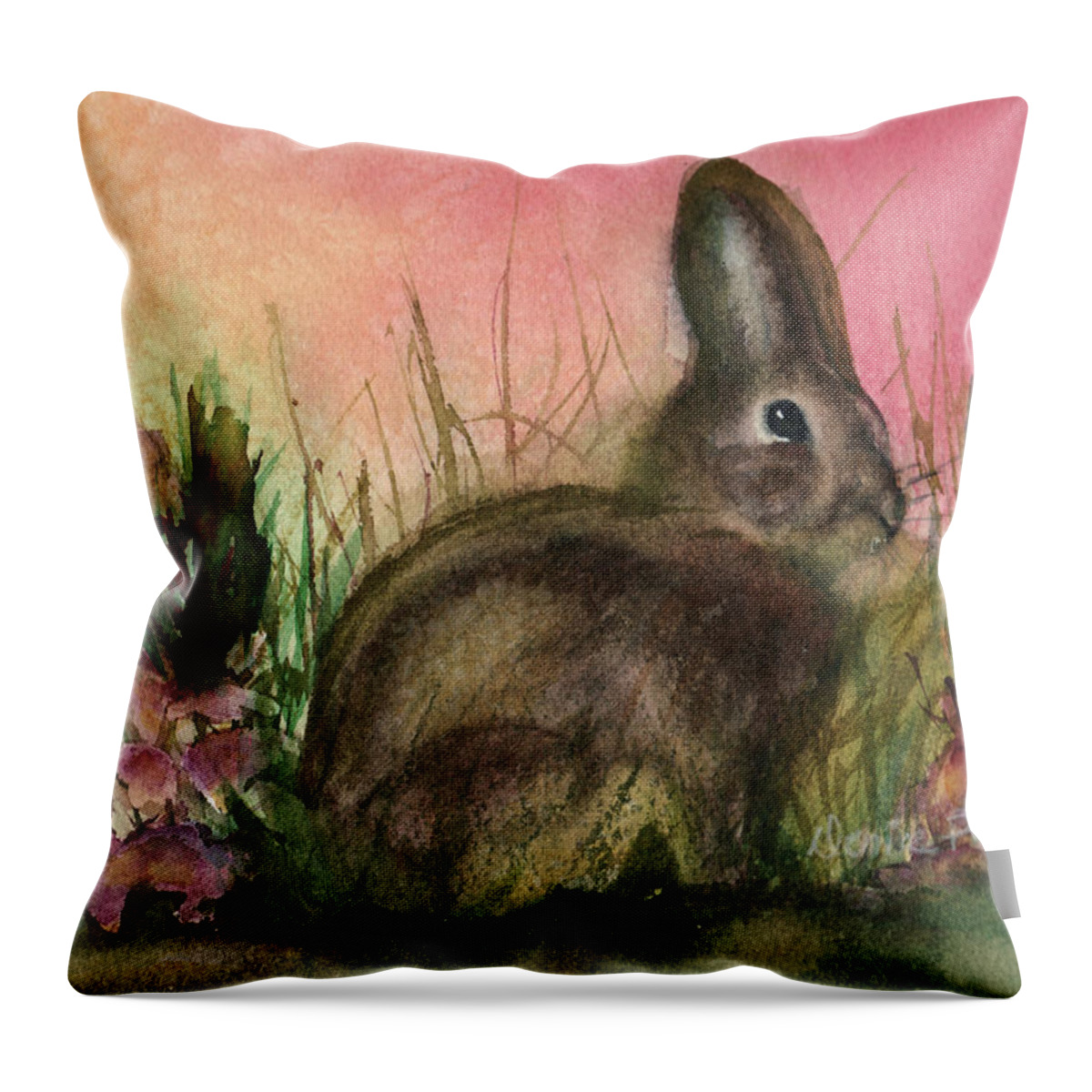 Rabbit Throw Pillow featuring the painting Rabbit in Flowers by Denice Palanuk Wilson