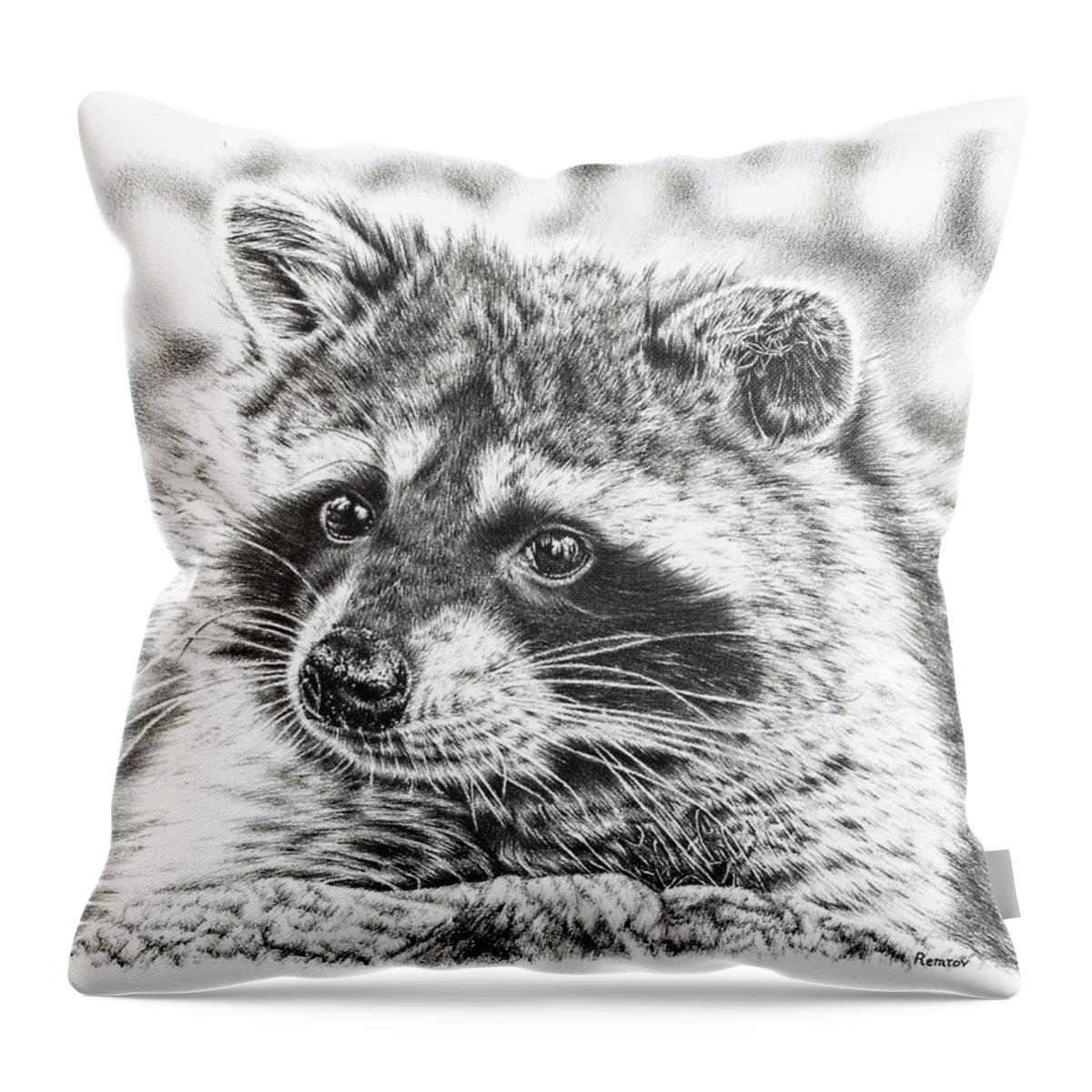 Raccoon Throw Pillow featuring the drawing Raccoon by Casey 'Remrov' Vormer