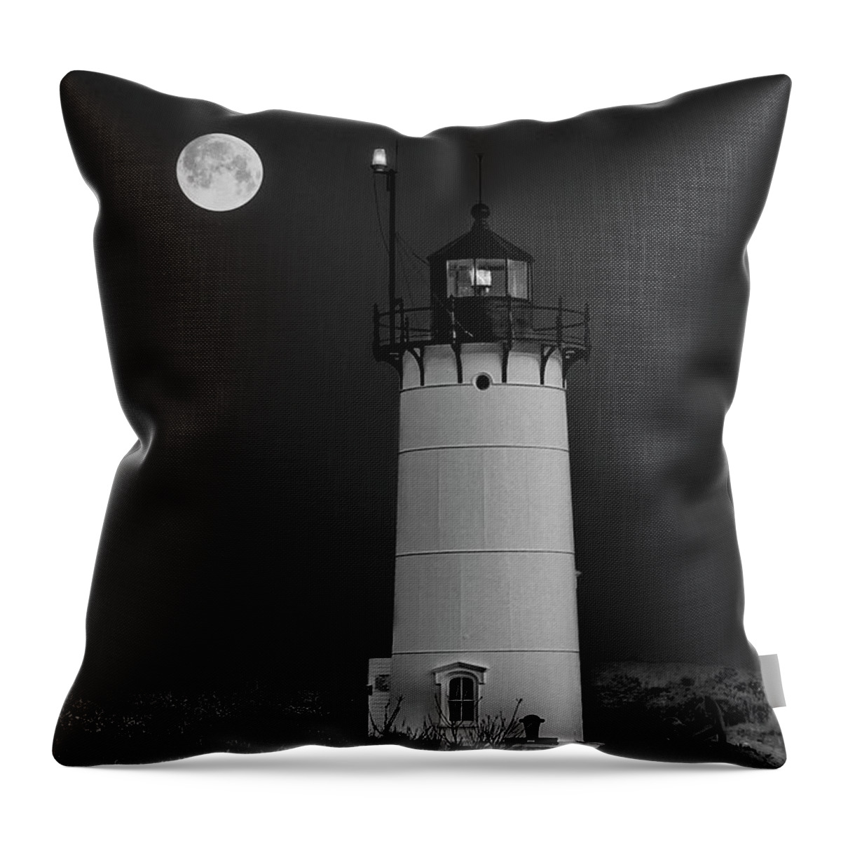 Race Point Lighthouse Throw Pillow featuring the photograph Race Point P-Town MA BW by Susan Candelario