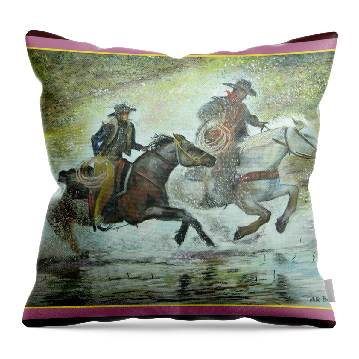 Horses Throw Pillow featuring the painting Racing through the water by Mike Benton