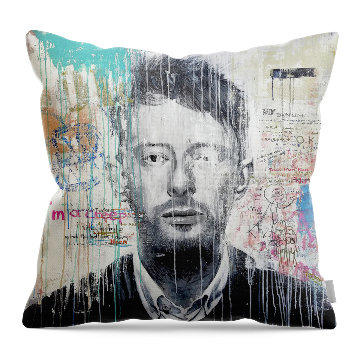 Jimi Hendrix Throw Pillow featuring the painting Radiohead - Thom Yorke by Art Popop