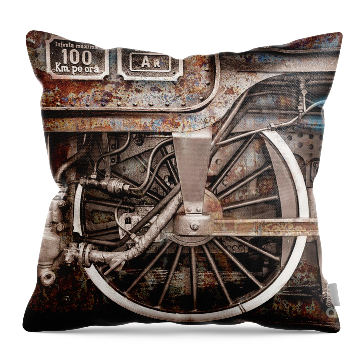 Rail Wheel Throw Pillow featuring the photograph Rail Wheel Grunge Detail, Steam Locomotive 06 by Daliana Pacuraru