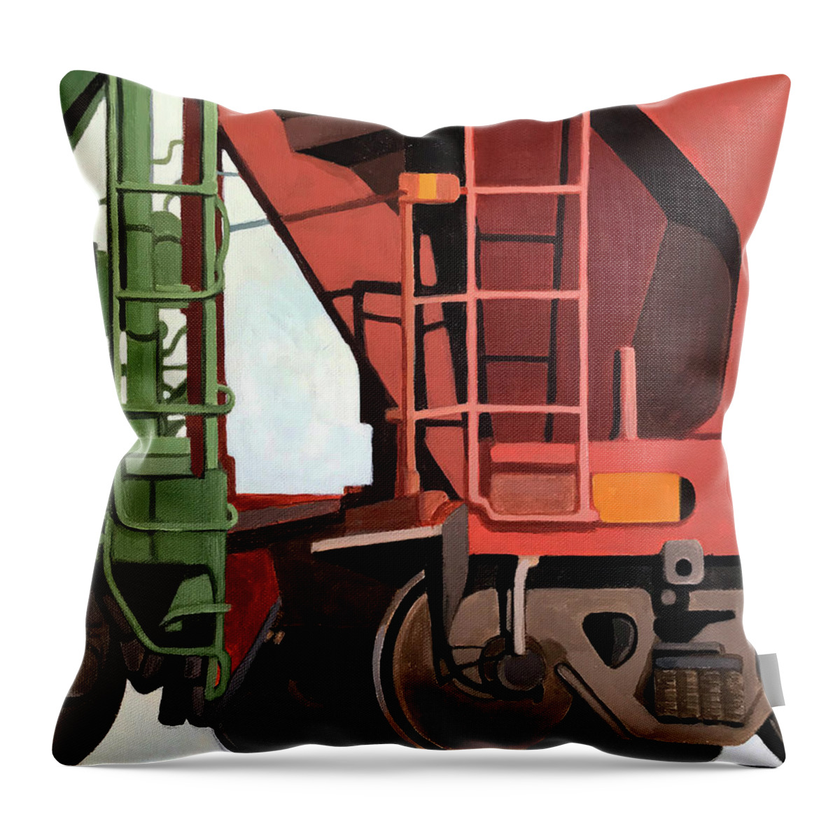 Train Art Throw Pillow featuring the painting Railroad Cars - realistic train oil painting by Linda Apple