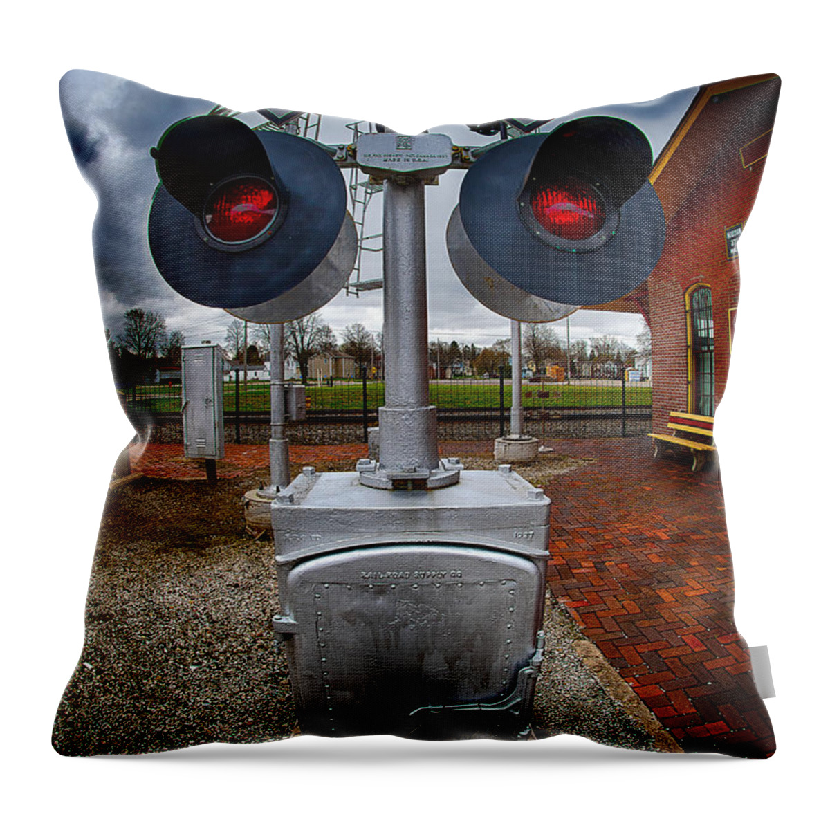 Train Throw Pillow featuring the photograph Railroad Crossing Signal by Dick Pratt