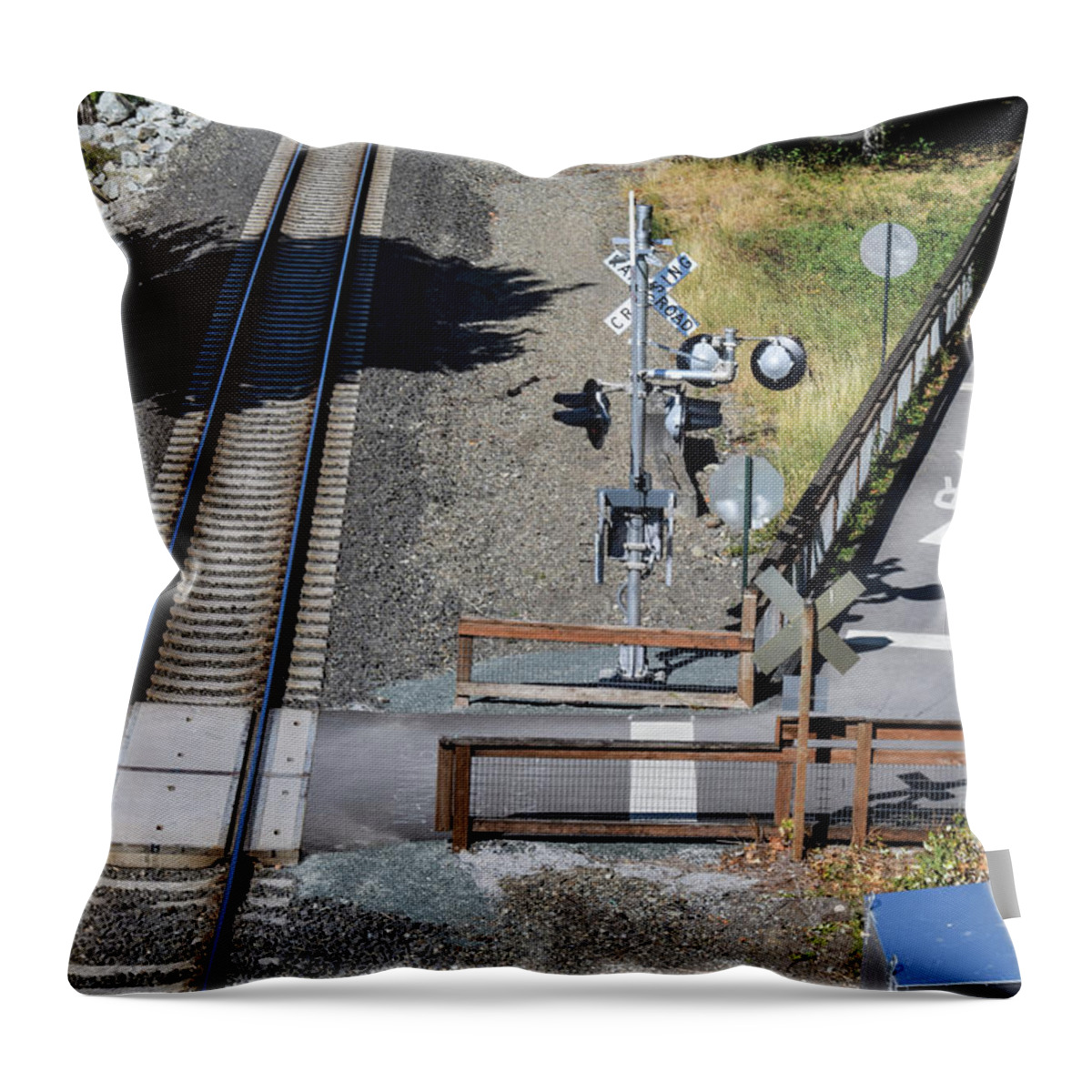 Railroad Crossing Throw Pillow featuring the photograph Railroad Crossing by Tom Cochran