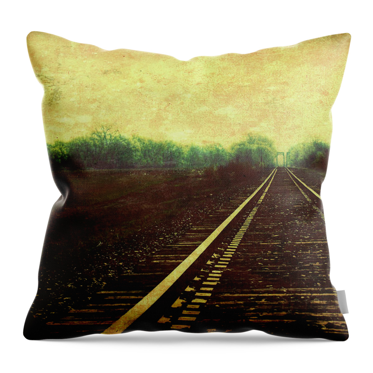 Railroad Track Glow Throw Pillow featuring the photograph Railroad Track Glow by Anna Louise