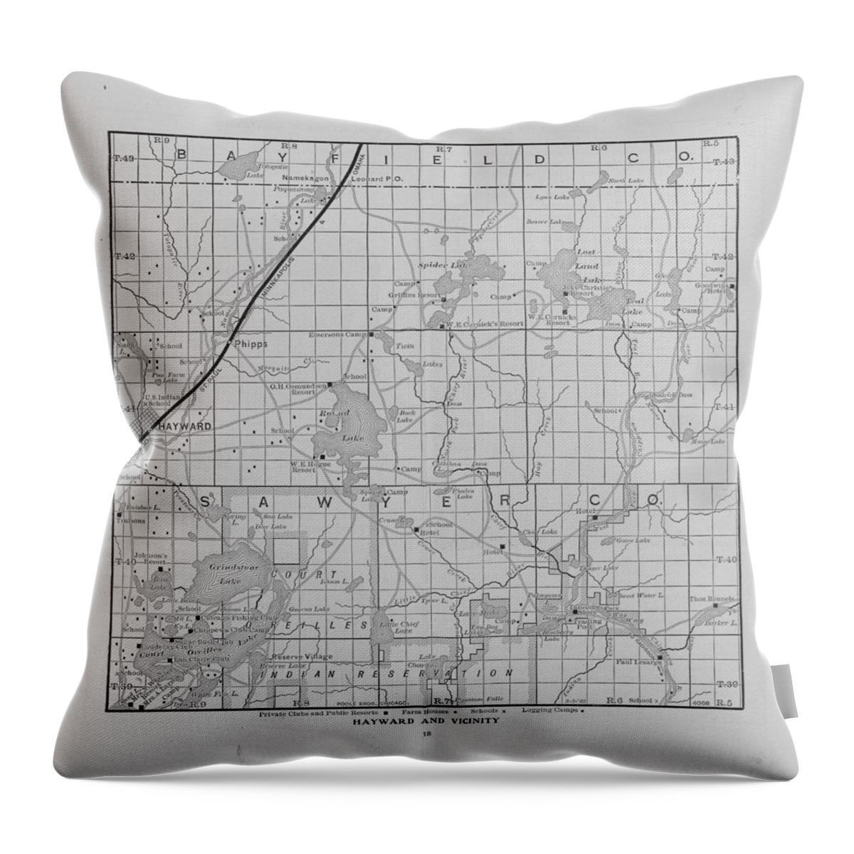 Publications Throw Pillow featuring the photograph Railway Map of Northern Wisconsin - Hayward and Vicinity by Chicago and North Western Historical Society