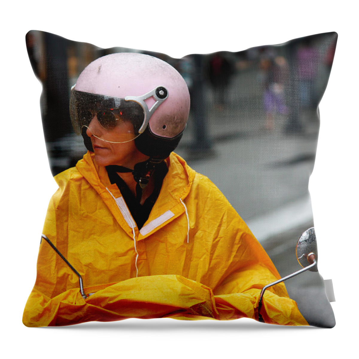 Street Photography Throw Pillow featuring the photograph Rain rider by J C
