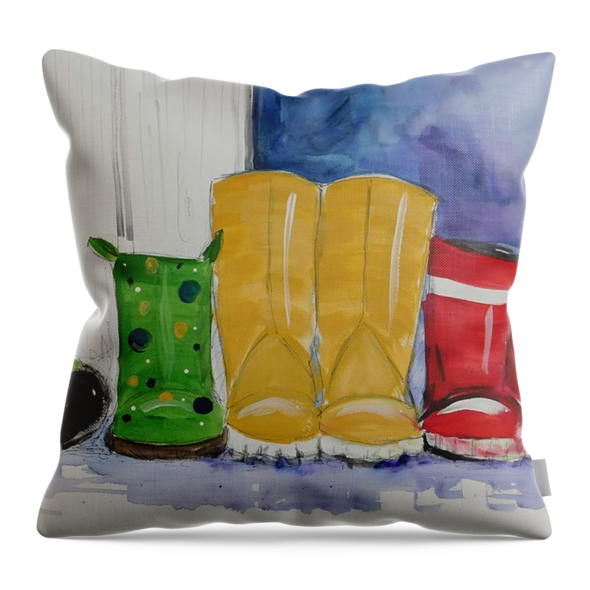 Boots Throw Pillow featuring the painting Rainboots by Terri Einer
