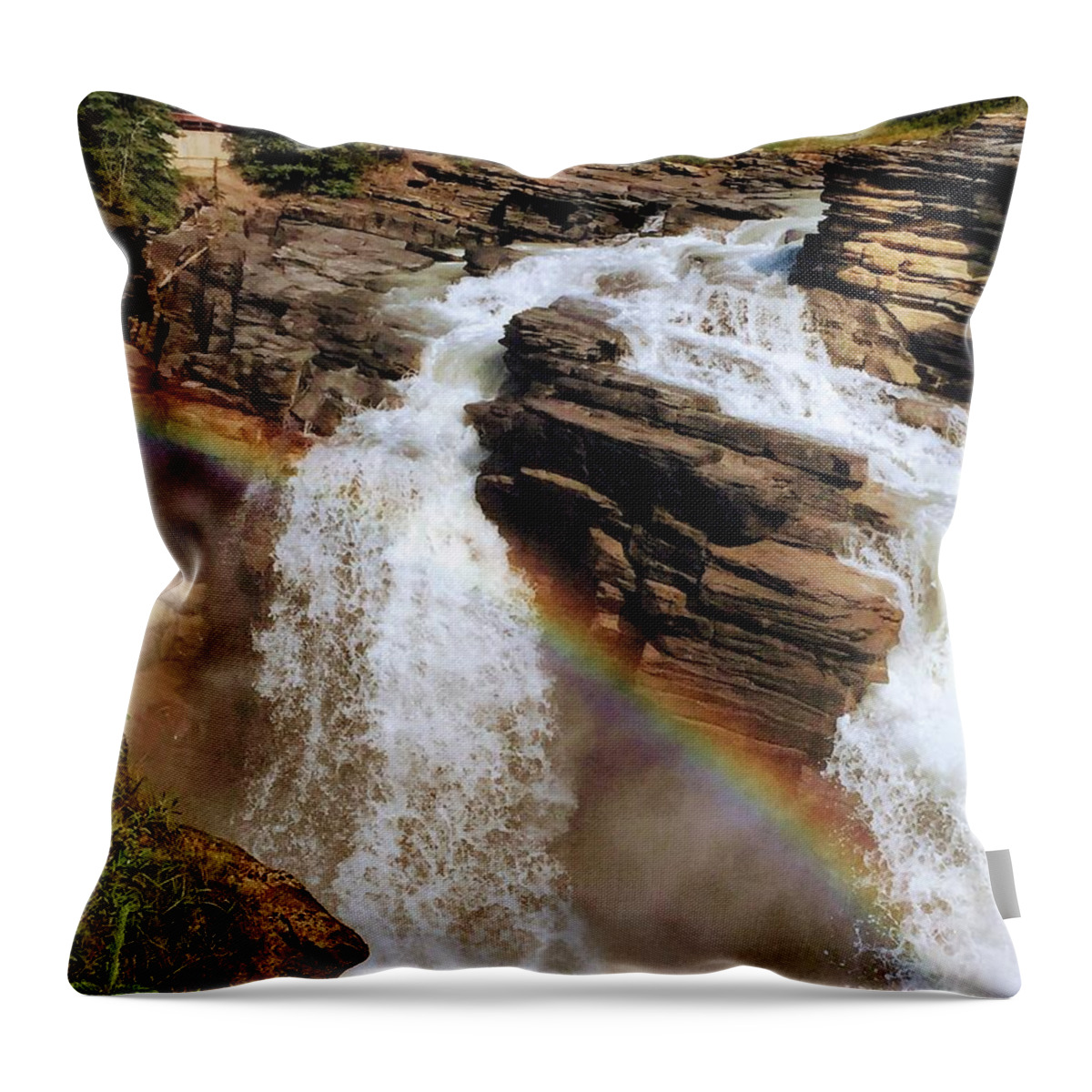 Rainbow. Athabasca Falls Throw Pillow featuring the photograph Rainbow at Athabasca Falls by David T Wilkinson