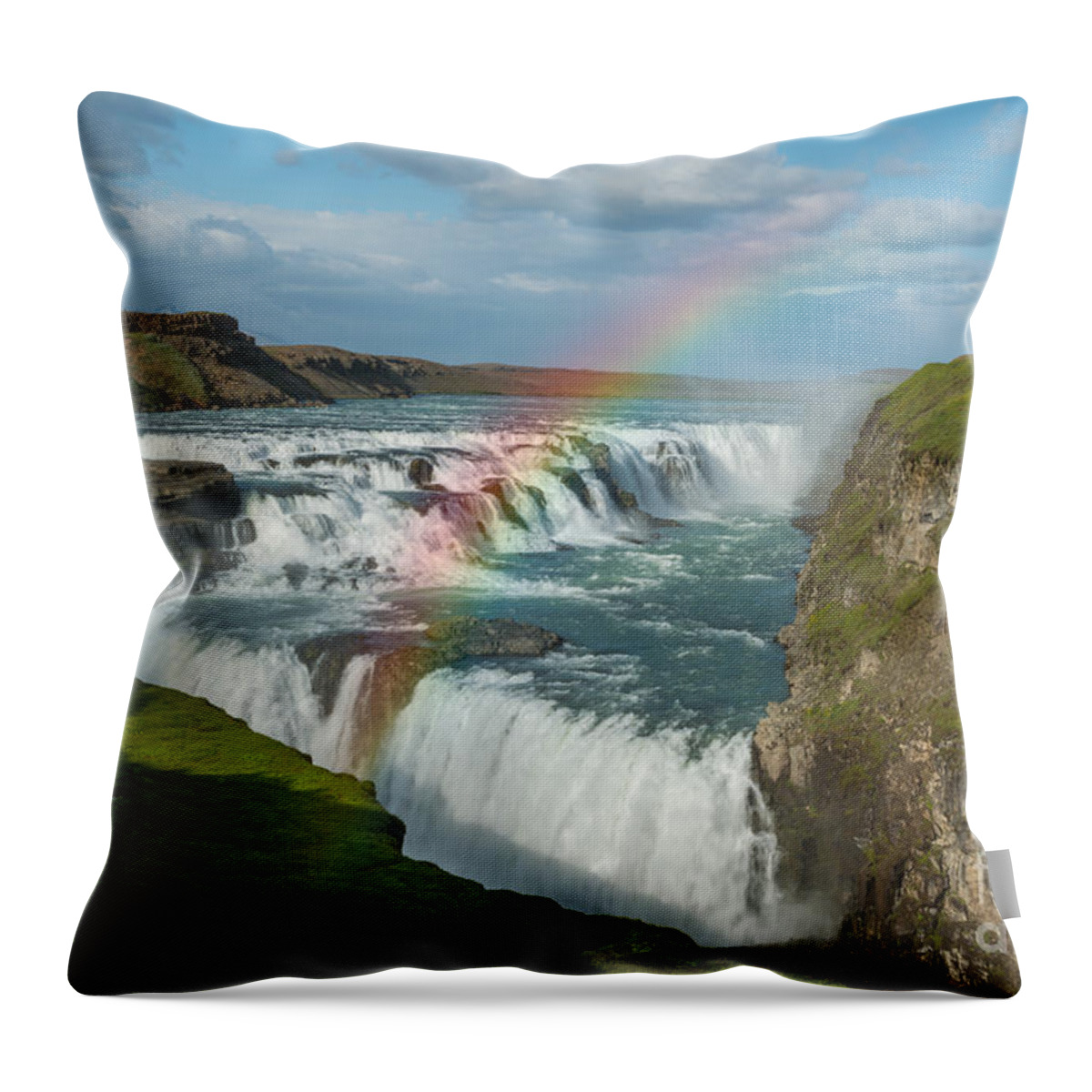 Golden Falls Throw Pillow featuring the photograph Rainbow at Gullfoss Iceland by Michael Ver Sprill