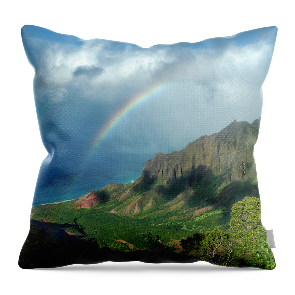 Landscape Throw Pillow featuring the photograph Rainbow at Kalalau Valley by James Eddy
