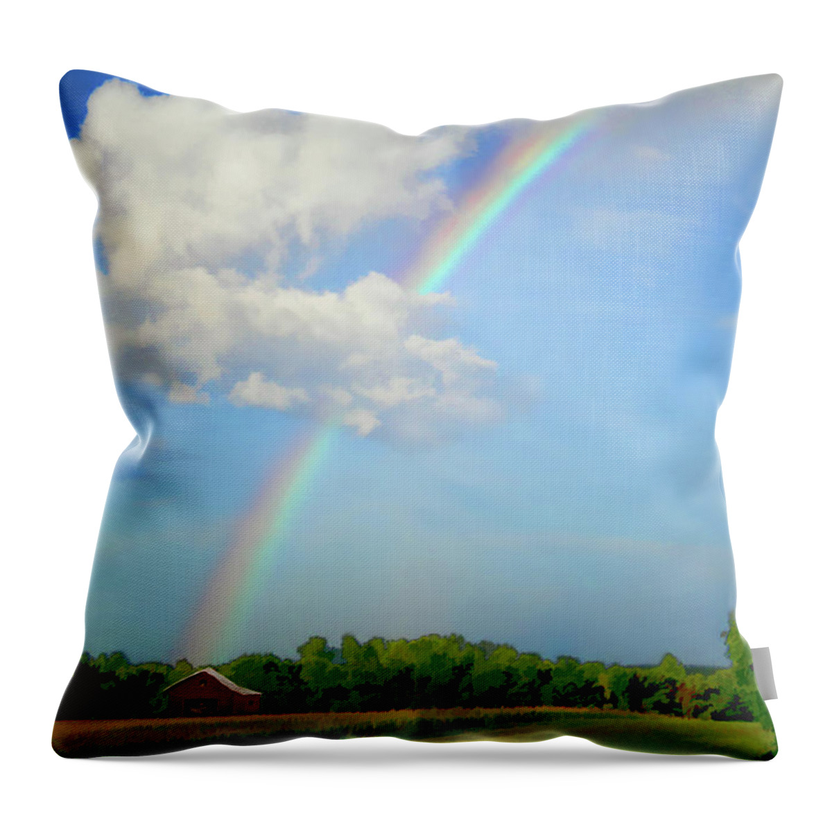 Rainbow Throw Pillow featuring the digital art Rainbow on the farm by Bonnie Willis