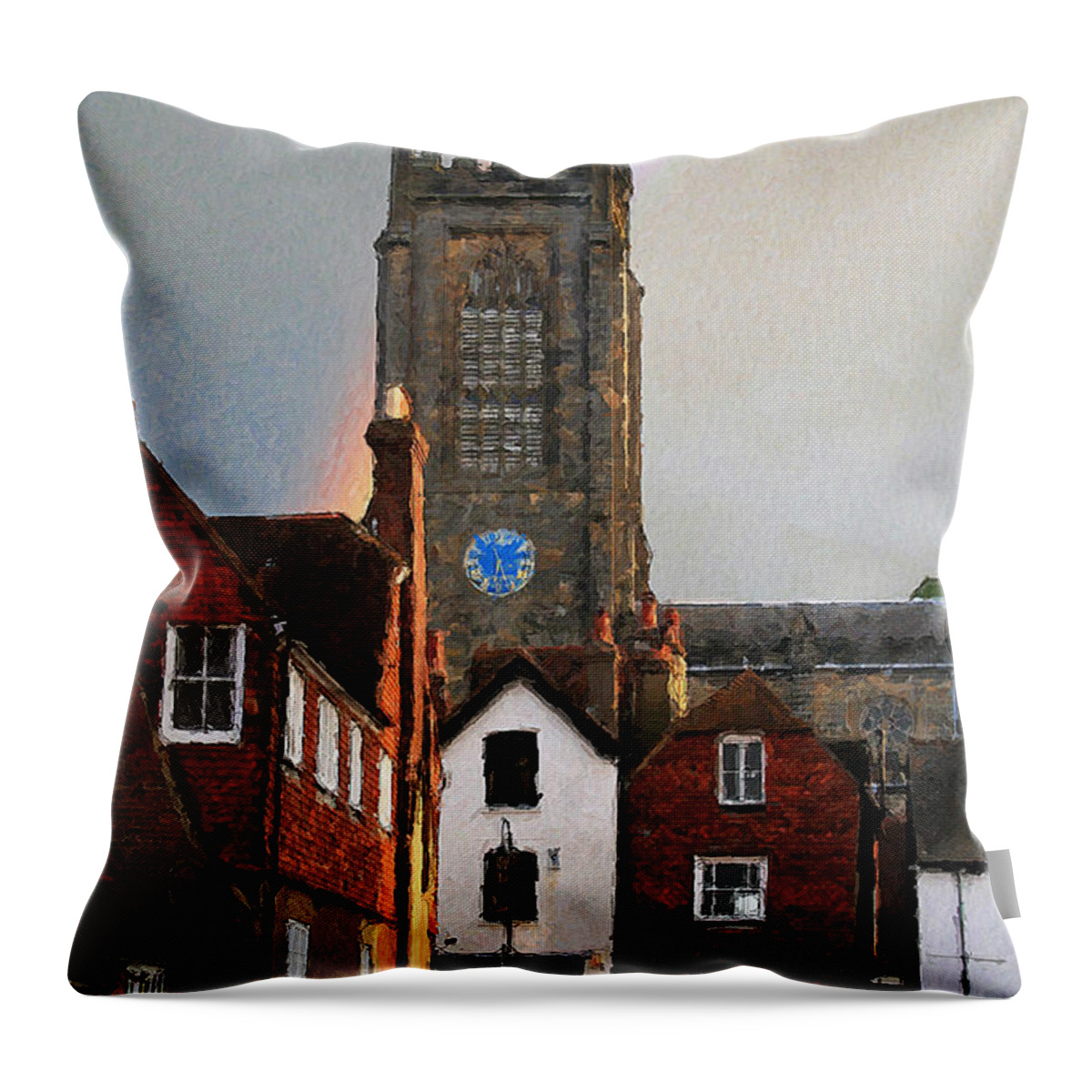St Swithuns Throw Pillow featuring the digital art Rainbow over Church by Julian Perry