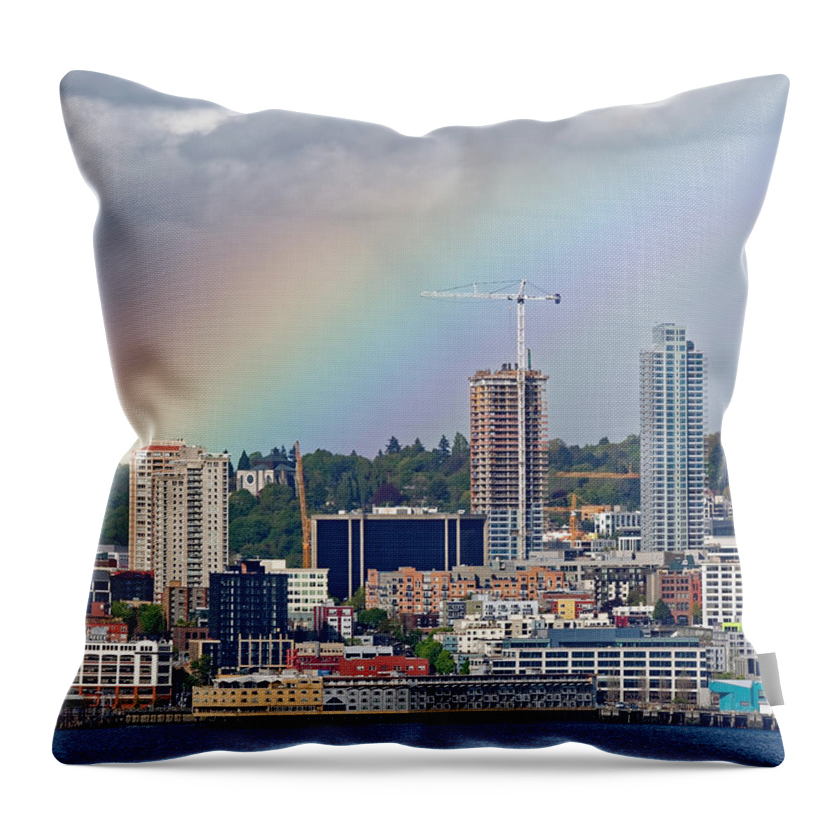 Rainbow Throw Pillow featuring the photograph Rainbow over Seattle by Peter Ponzio