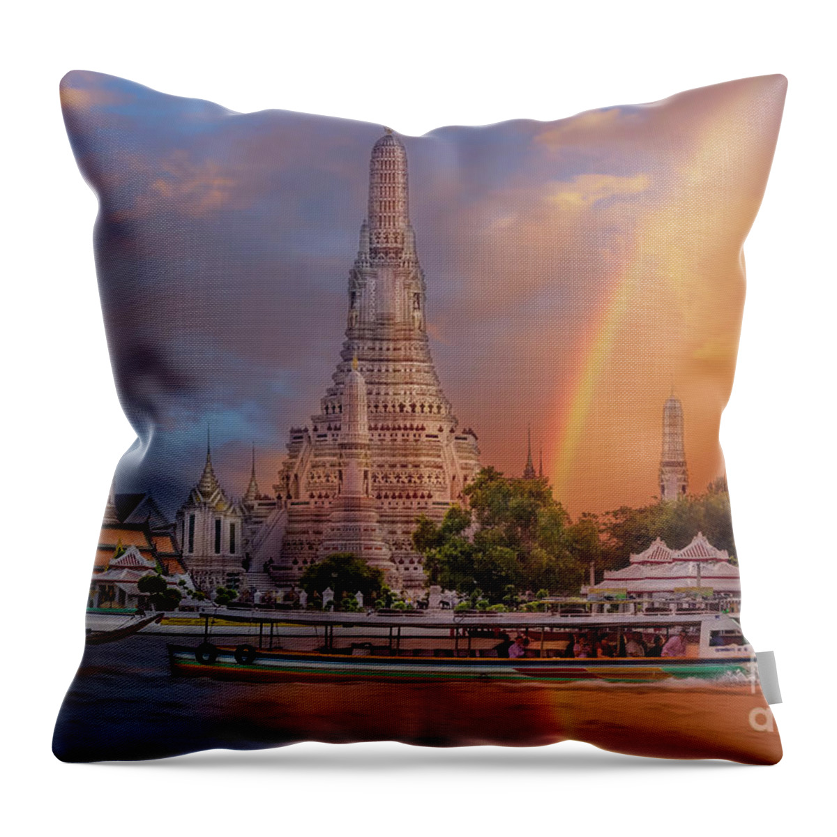 Chao Phraya River Throw Pillow featuring the photograph Rainbow Over Wat Arun, Bangkok, Thailand by Liesl Walsh