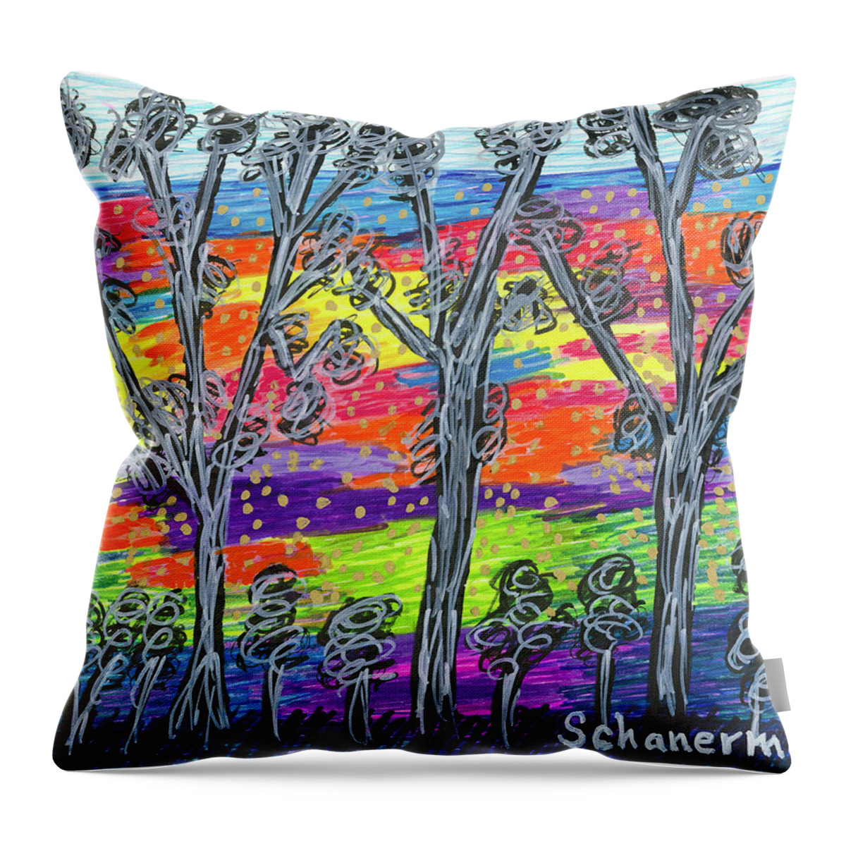 Original Drawing Throw Pillow featuring the drawing Rainbow Woods by Susan Schanerman