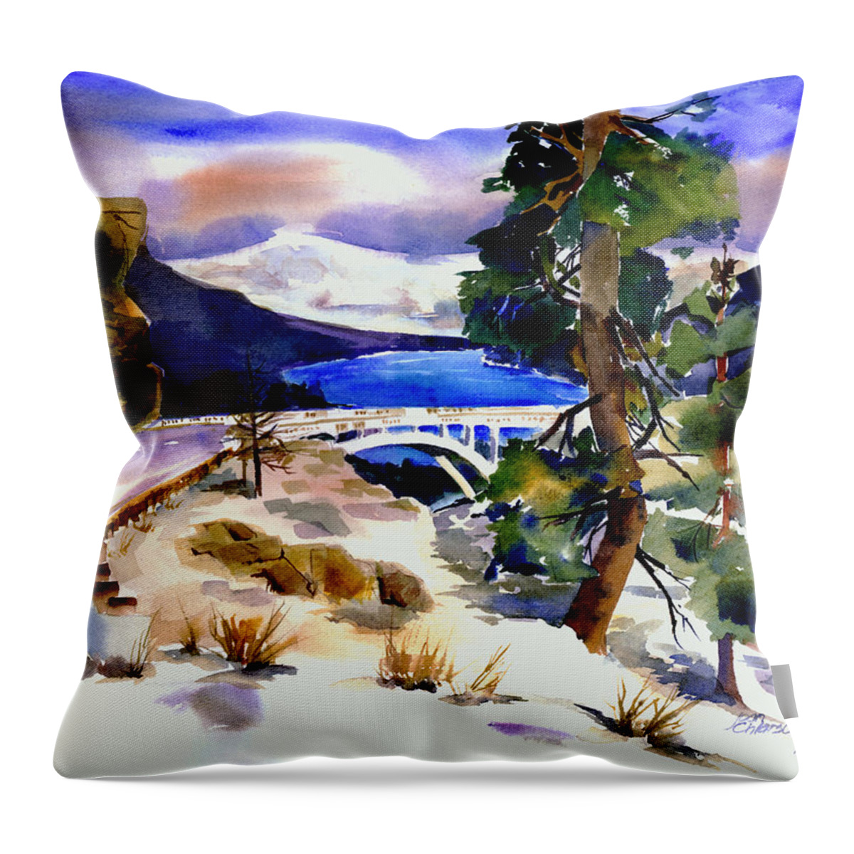 Rainbow Bridge Throw Pillow featuring the painting RainbowBridge above Donner Lake by Joan Chlarson
