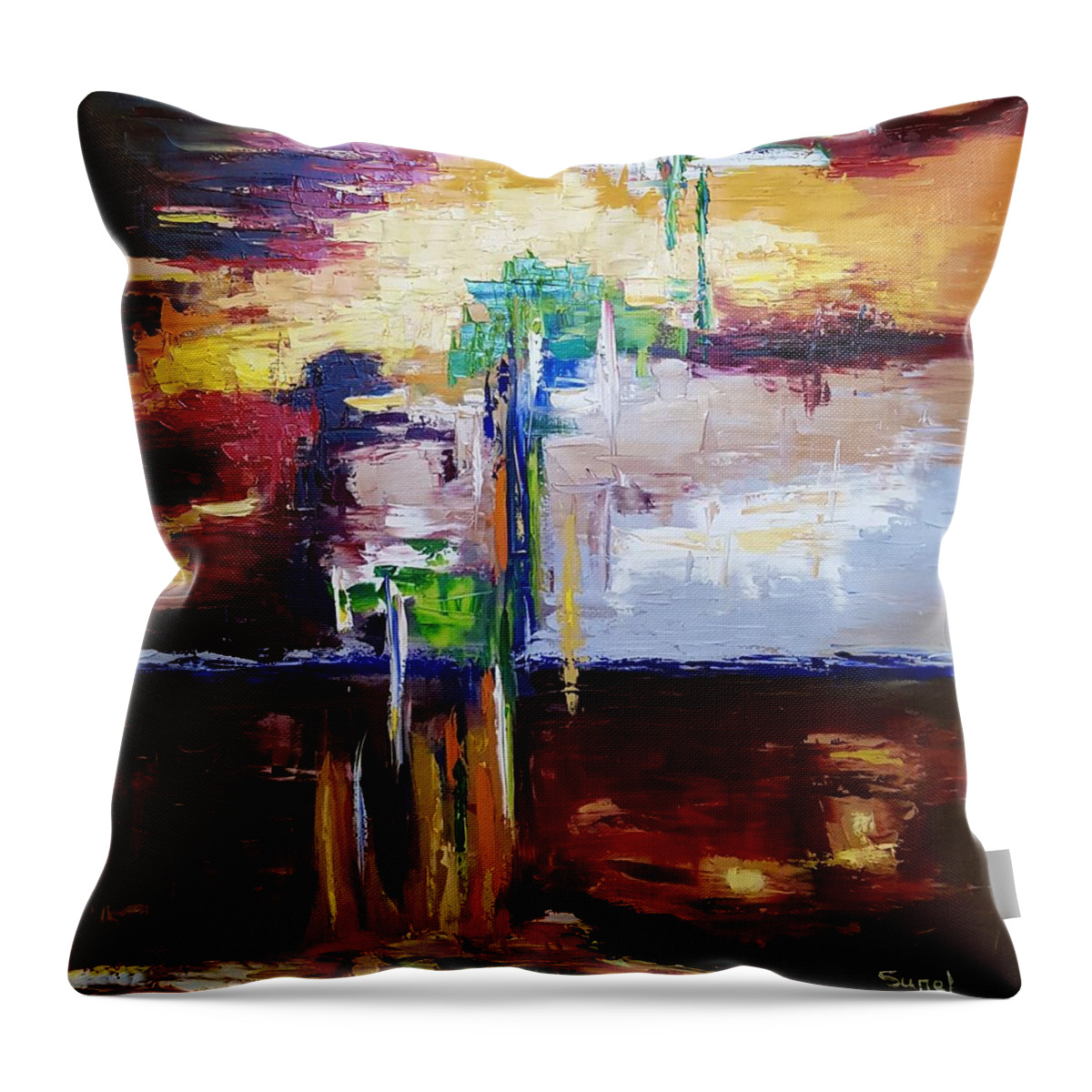 Abstract Throw Pillow featuring the painting Raining Colours by Sunel De Lange