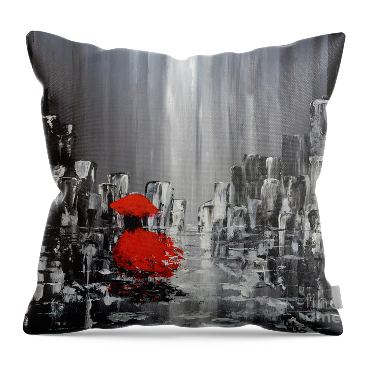 Abstract Painting Throw Pillow featuring the painting Rainy Day City Girl In Red by Catalina Walker