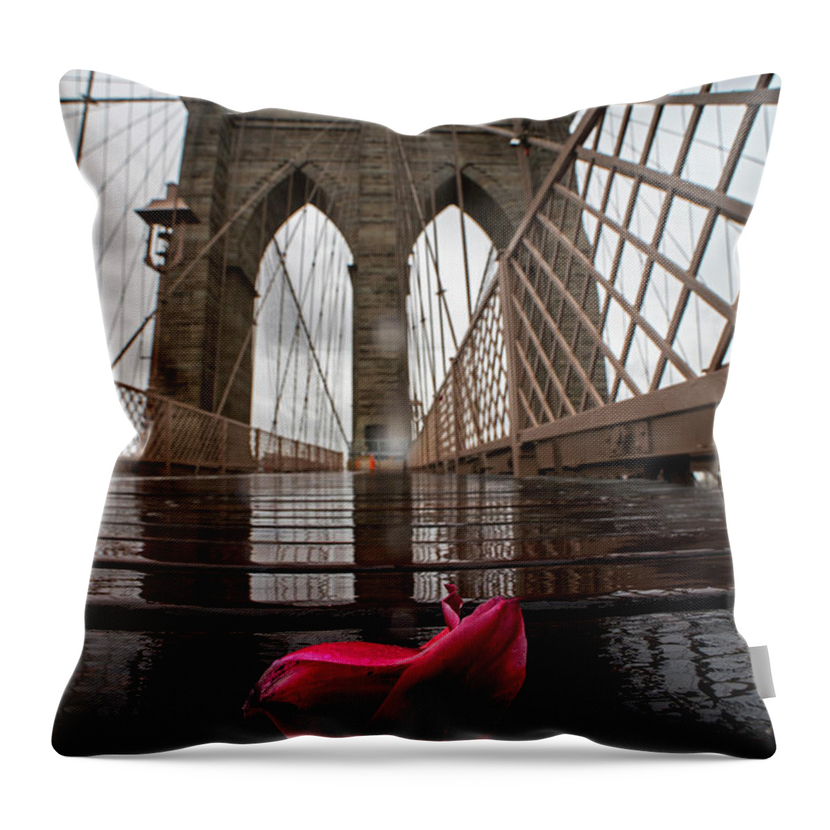 Brooklyn Throw Pillow featuring the photograph Rainy Day on the Brooklyn Bridge Brooklyn New York Tulip Petals by Toby McGuire