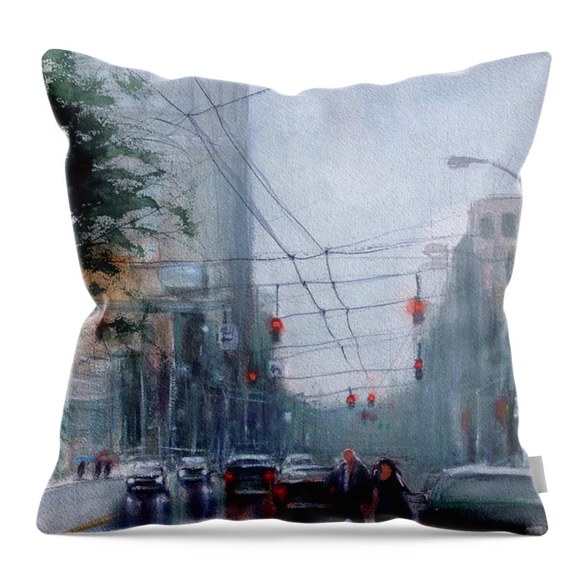 Dayton Throw Pillow featuring the painting Rainy Downtown Dayton Day by Gregory DeGroat