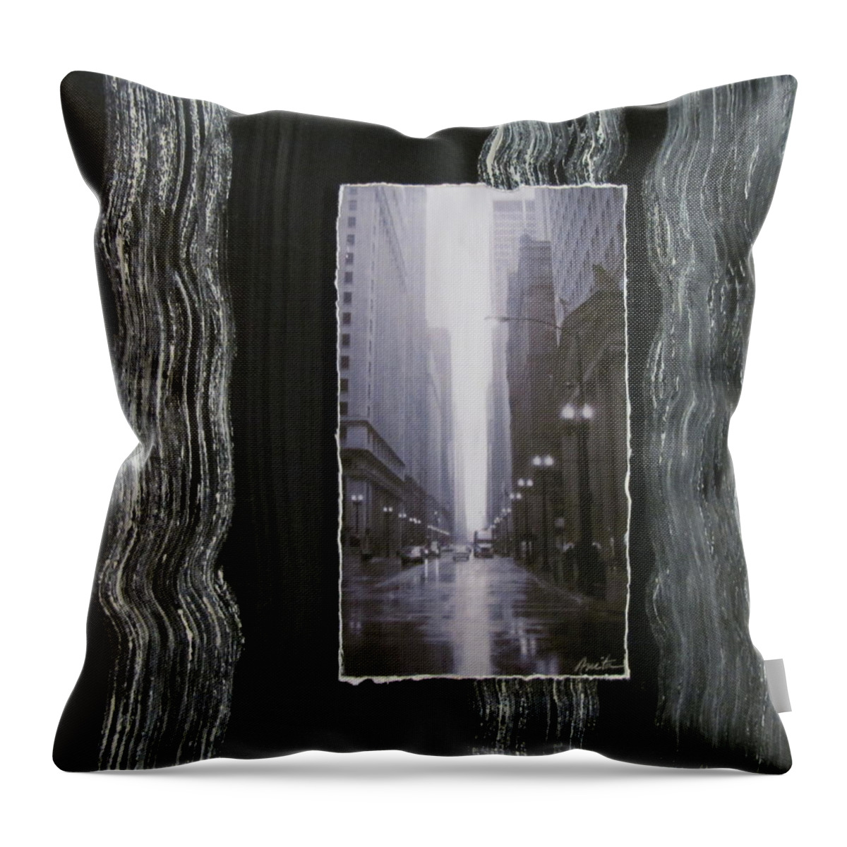 City Throw Pillow featuring the mixed media Rainy Street layered by Anita Burgermeister