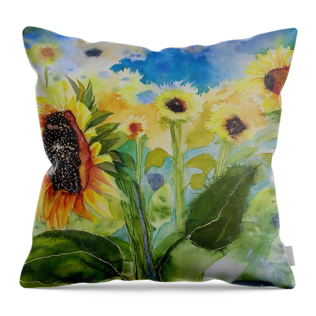 Flowers Garden Sunflower Yellow Green Landscape Leaf Summer Spring Sunshine Bouquet Natural Floral Throw Pillow featuring the mixed media Raising Sunflowers by Mary Lou McCambridge