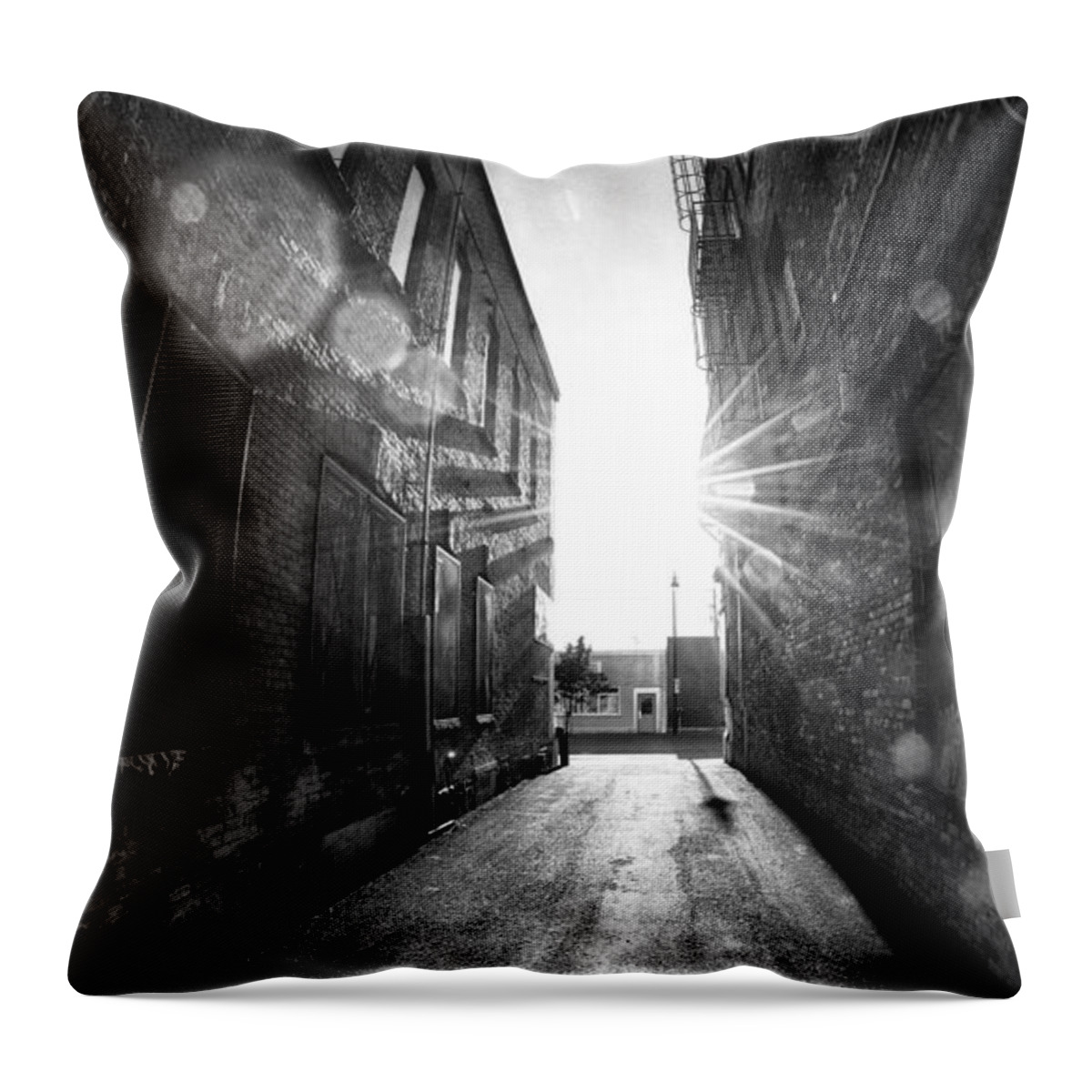 Abandoned Throw Pillow featuring the photograph Random City Street Sunrize Vertical pano, Lens Flare by Jakub Sisak