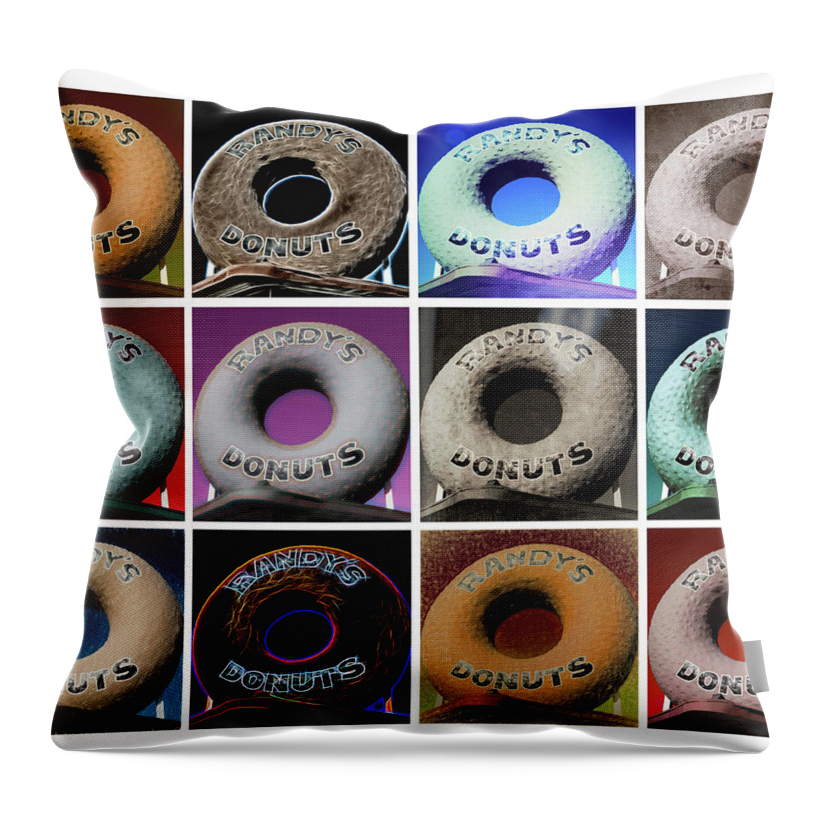 Randy's Donuts Throw Pillow featuring the photograph Randy's Donuts - Dozen Assorted by Stephen Stookey
