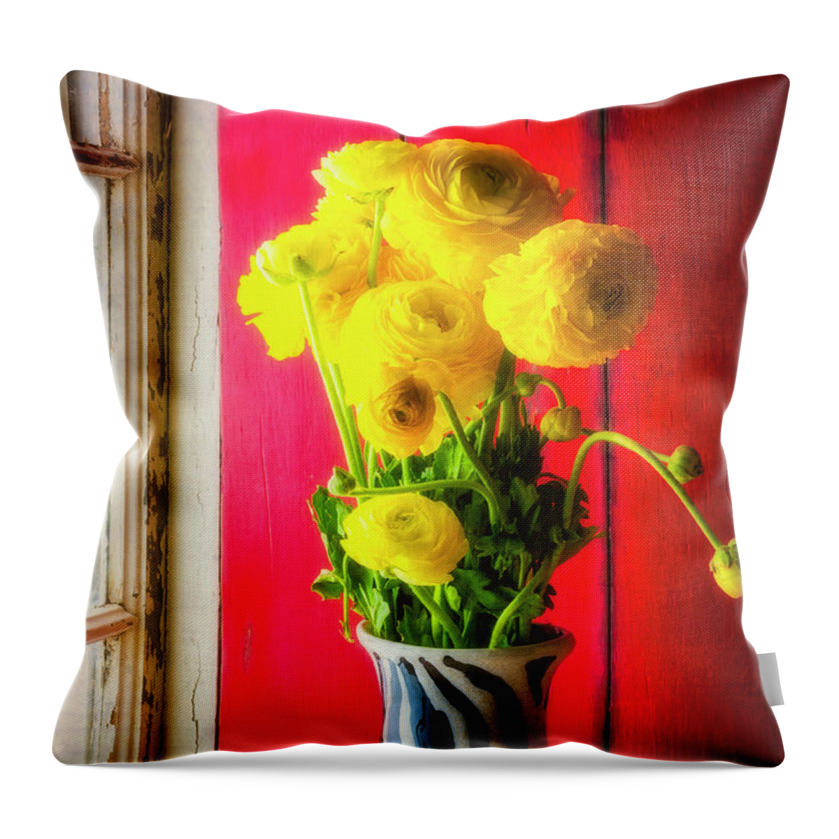 Yellow Throw Pillow featuring the photograph Ranunculus In Vase In Window by Garry Gay