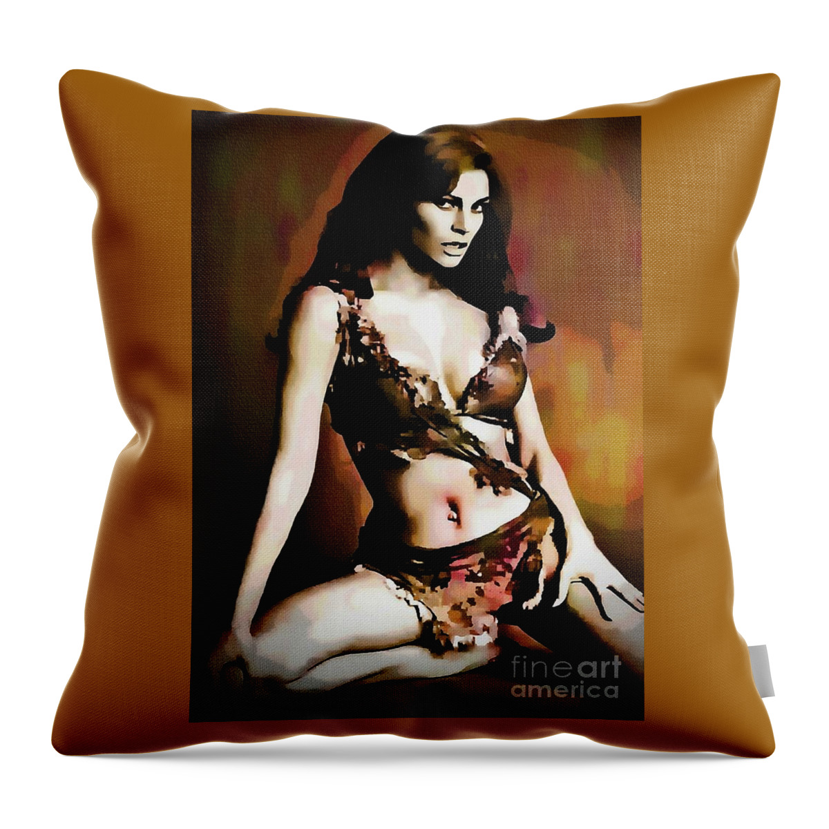 Raquel Welch Throw Pillow featuring the painting Raquel Welch - One Million Years B.C. by Ian Gledhill