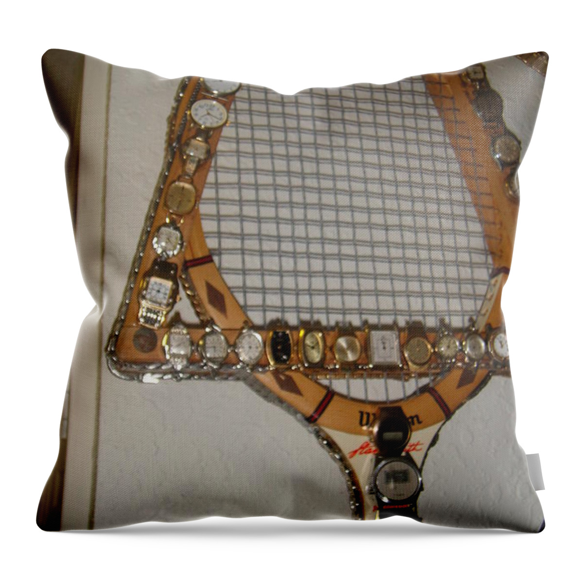 Vintage Tennis Raquet Throw Pillow featuring the mixed media Raquet At Rest by WaLdEmAr BoRrErO