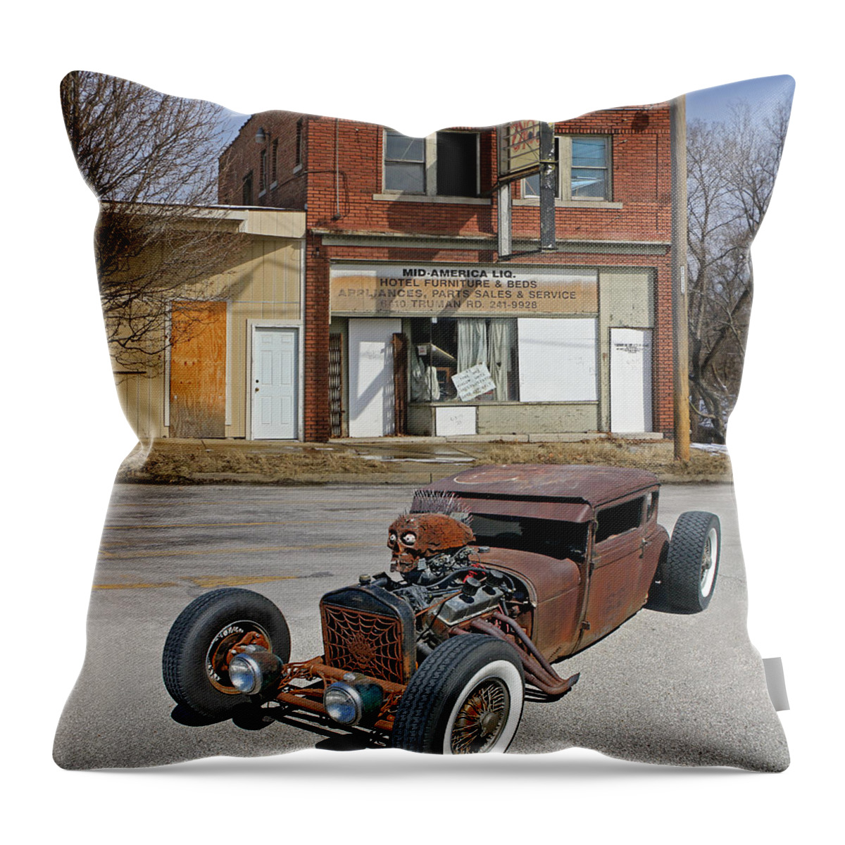 '32 Throw Pillow featuring the photograph Rat Rod Ratty Builidng by Christopher McKenzie