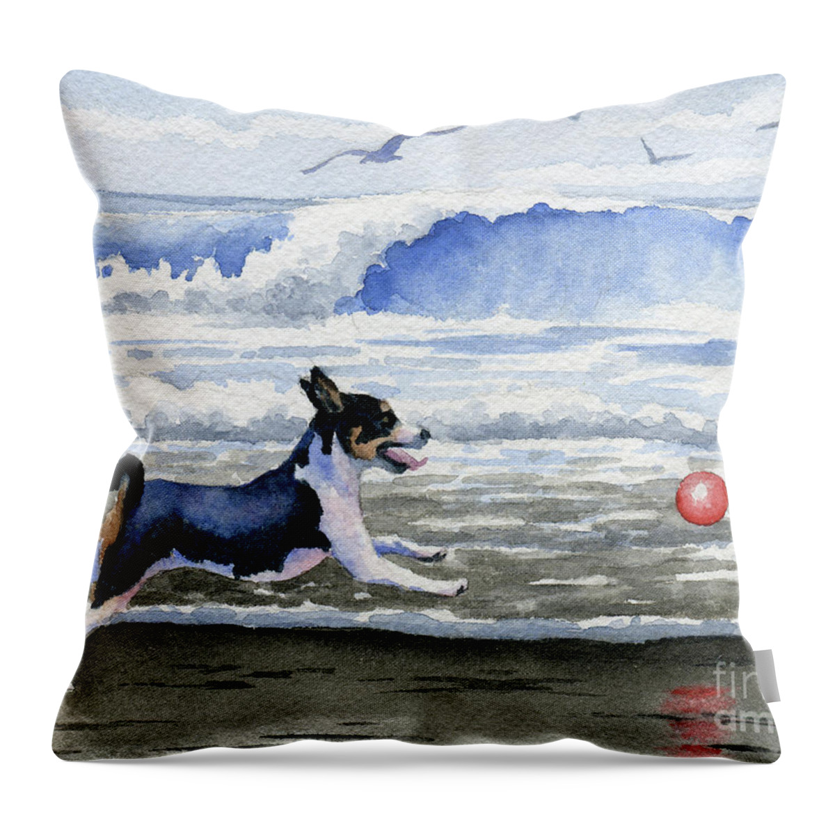 Rat Throw Pillow featuring the painting Rat Terrier at the Beach by David Rogers