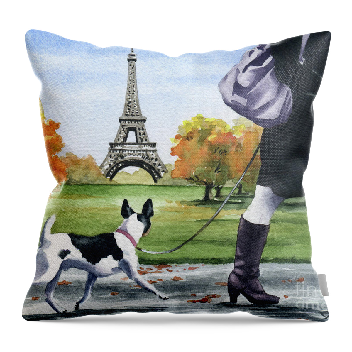 Rat Terrier Throw Pillow featuring the painting Rat Terrier in Paris by David Rogers