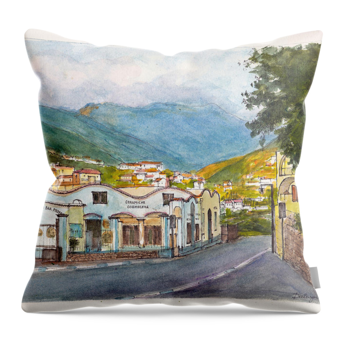 Landscape Throw Pillow featuring the painting Ravello Pizzeria by Dai Wynn