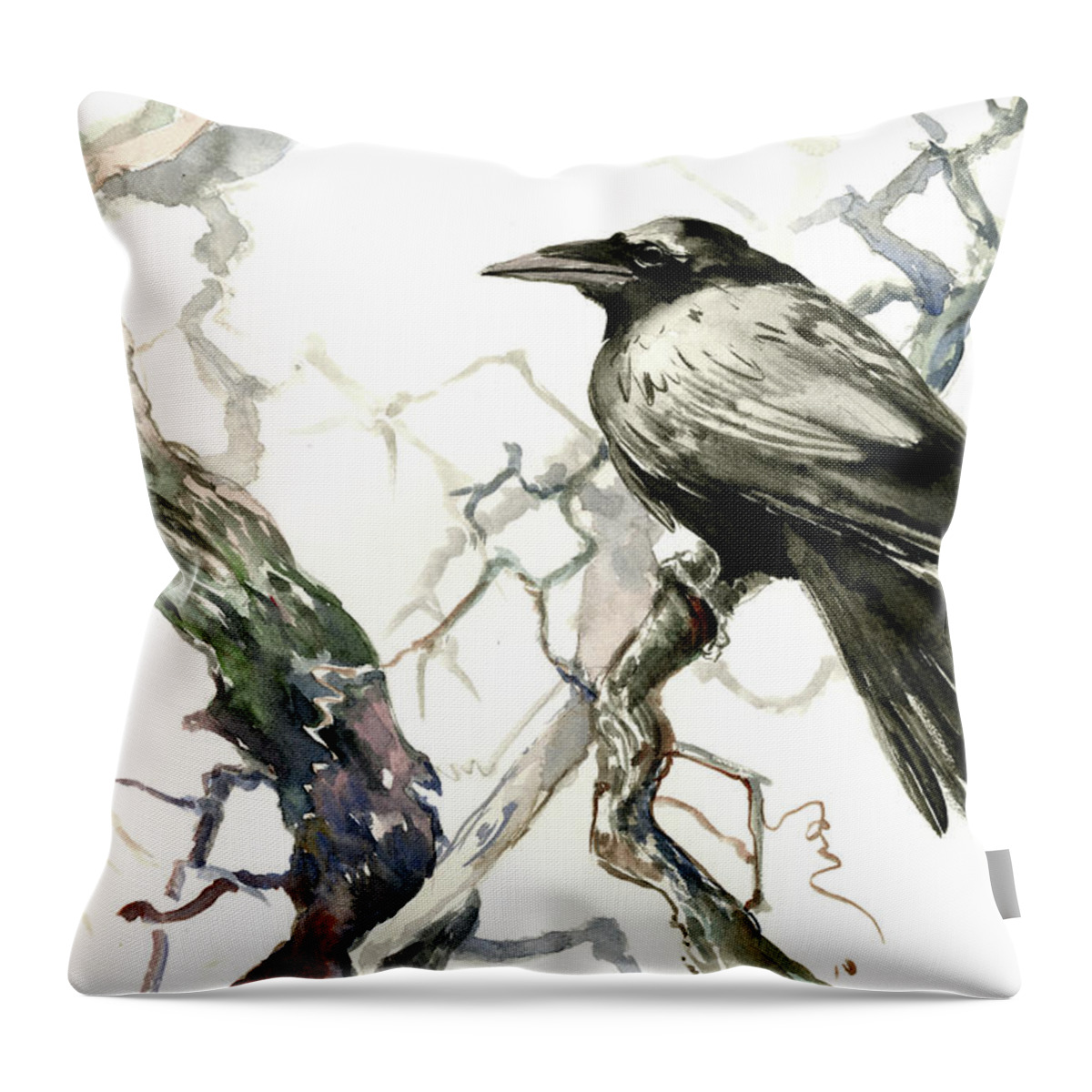 Raven Throw Pillow featuring the painting Raven on the Tree by Suren Nersisyan