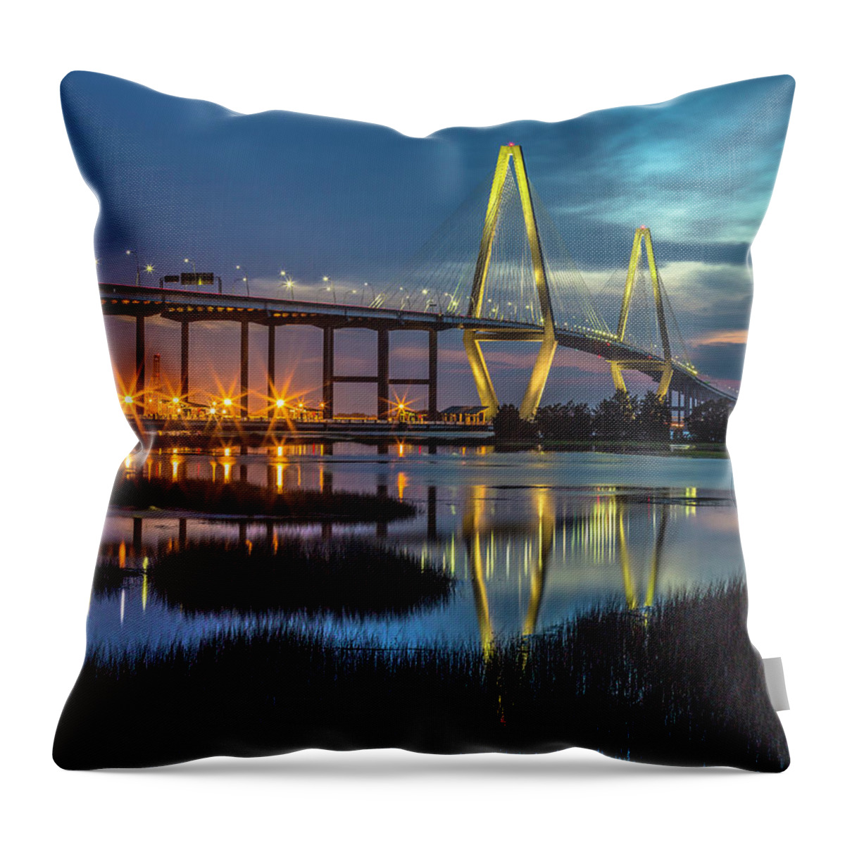 Arthur Ravenel Jr. Bridge Throw Pillow featuring the photograph Ravenel Bridge Reflection by Donnie Whitaker