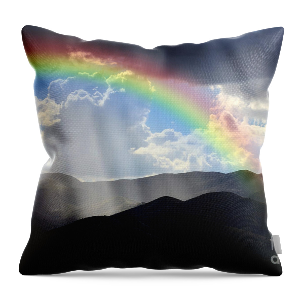 Beam Throw Pillow featuring the photograph Rays of Sunlight on Peaceful Mountains and Rainbow by Lane Erickson
