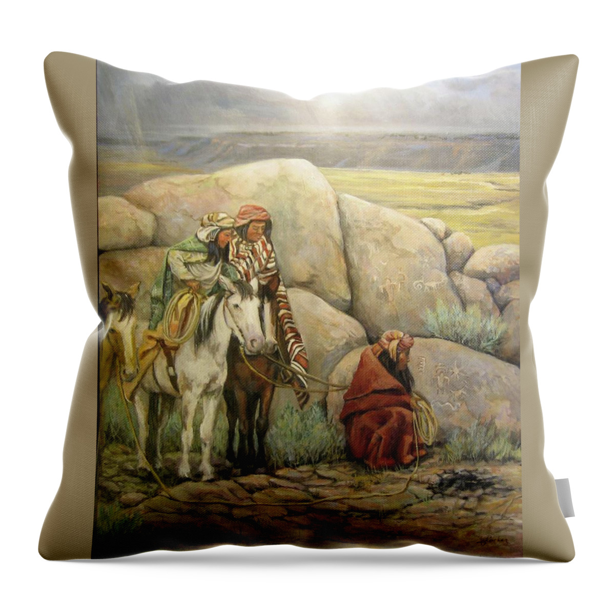 Paiute Indians Throw Pillow featuring the painting Reading Sign by Donna Tucker