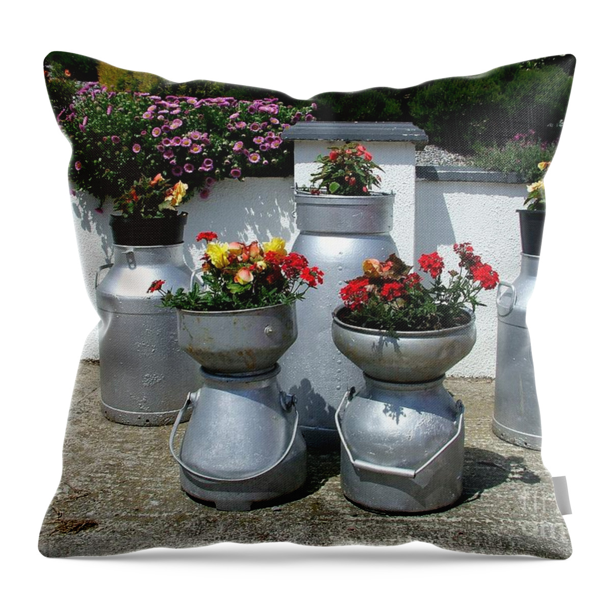 Flowers Throw Pillow featuring the photograph Recycled milk churns by Joe Cashin