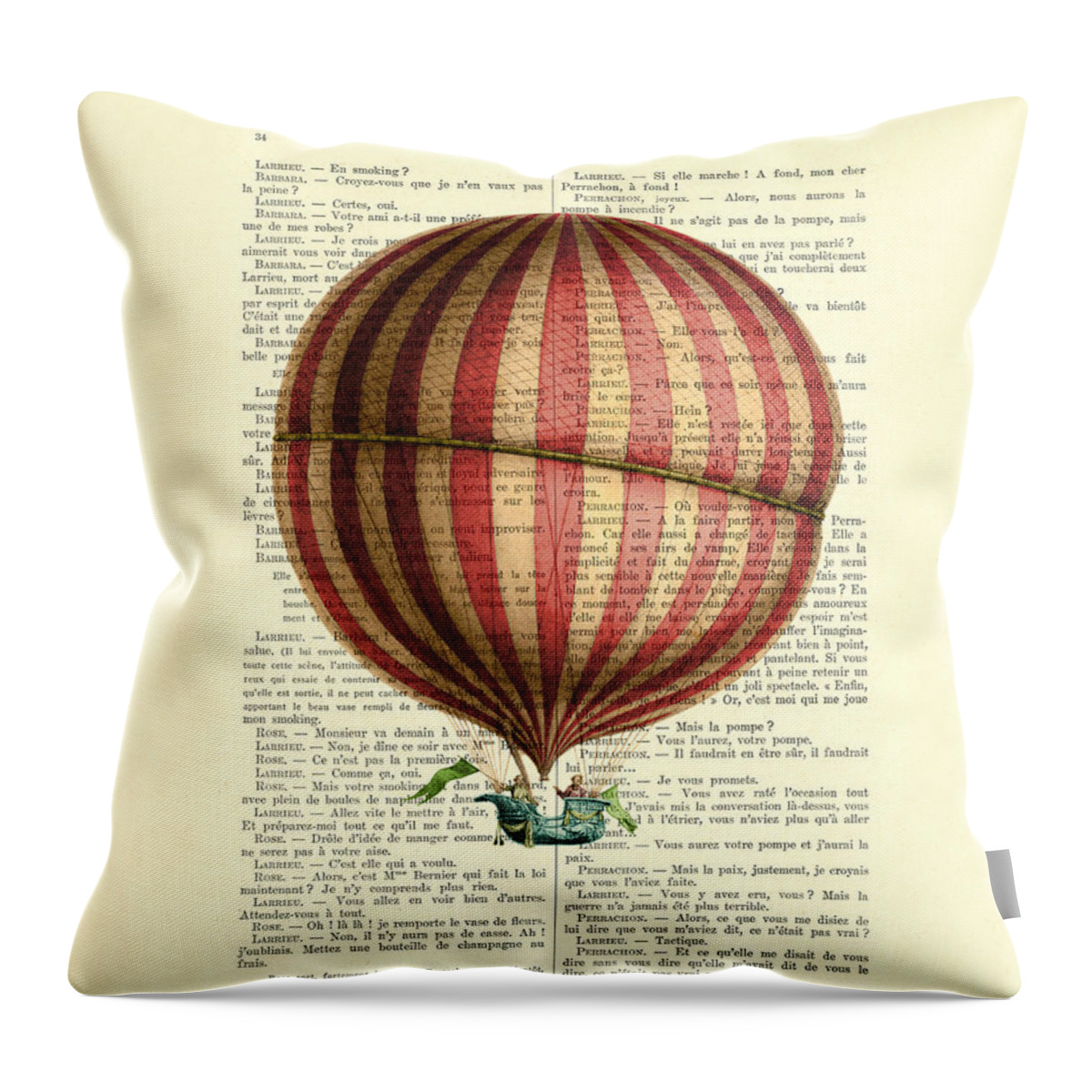 Hot Air Balloon Throw Pillow featuring the digital art Red and white striped hot air balloon antique photo by Madame Memento