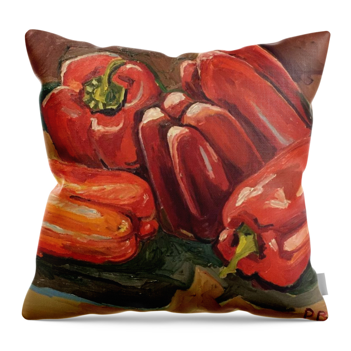 Part Of My Veggie Series. Five Red Bell Peppers.  Peppers And Shadows On A Wooden Board. Still Live Of Food Crops.  Throw Pillow featuring the painting Red Bell Peppers by Pat Gray