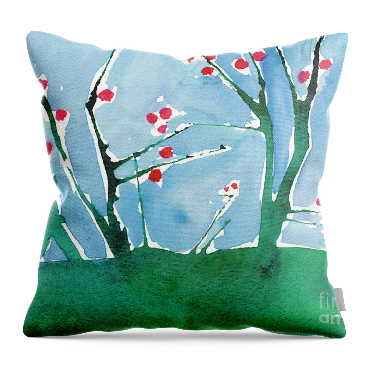 Art By Kids Throw Pillow featuring the painting Red Berry Flowers by Jessie Abrams Age Eleven