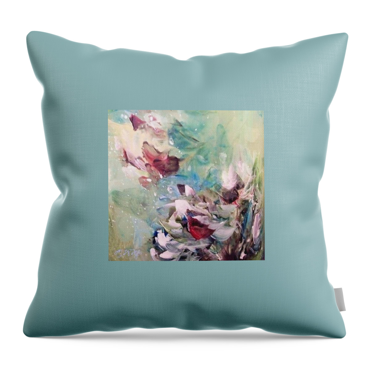 Winter Scene Throw Pillow featuring the painting Red Birds in Winter by Mary Wolf